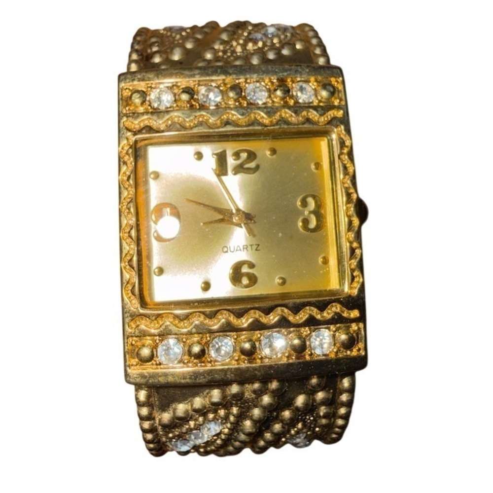 Studio Time Women's Gold Rhinestone Bezel Hinged Cuff Bangle Watch Quartz